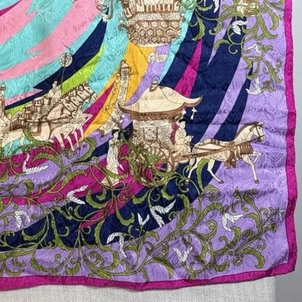 VINTAGE  Japanese Kyoto Silk Scarf Heian Court Procession Hand Rolled Hem 40